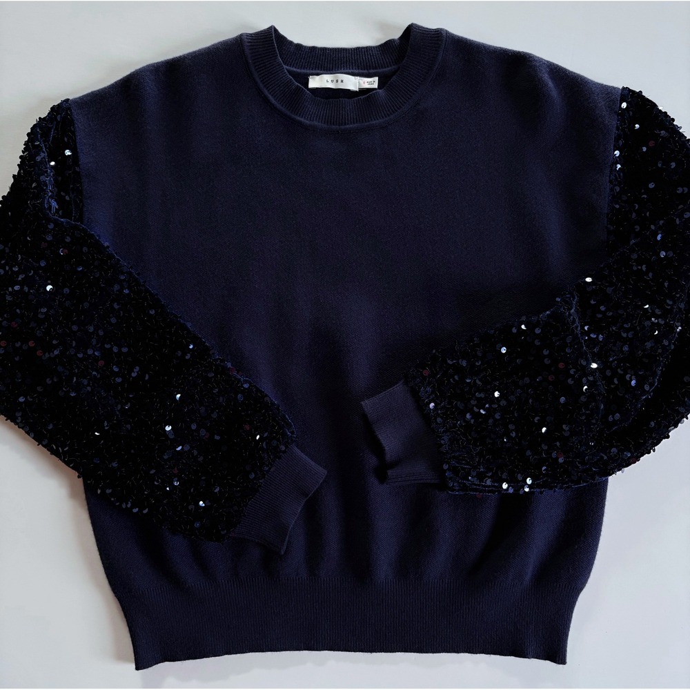 LUSH Navy Sequin Sleeve Sweater S Holiday Party Blouson Statement Sparkle VICI